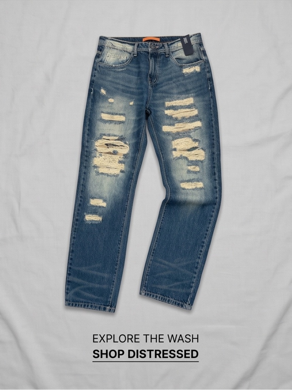 Men's Distressed Blue Jeans - straight Fit premium cotton vintage tears - Picture 2 of 5